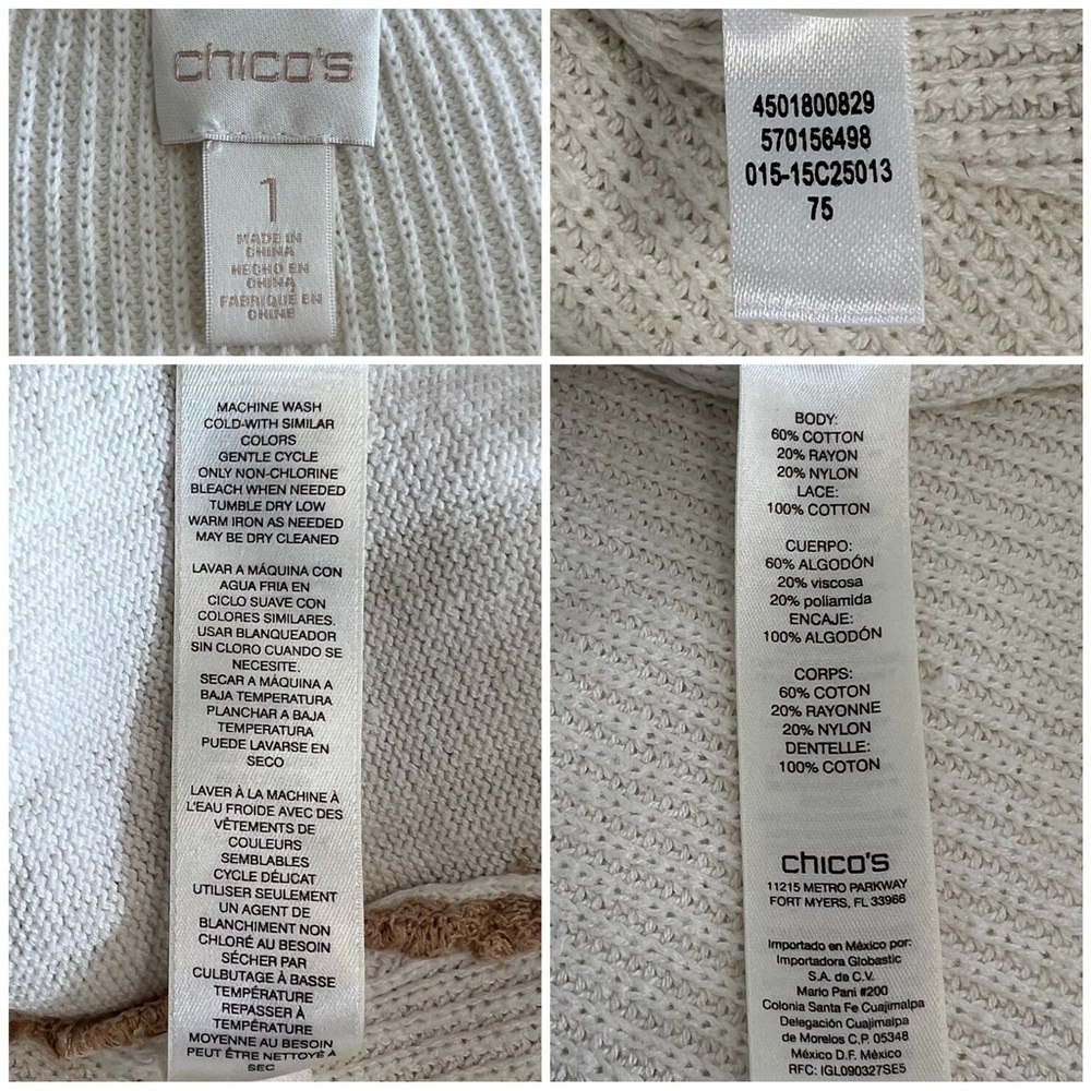 Chico’s Sweater Christina Lace Front Pullover Ecru Ivory Tan 8 Medium M - Picture 7 of 12